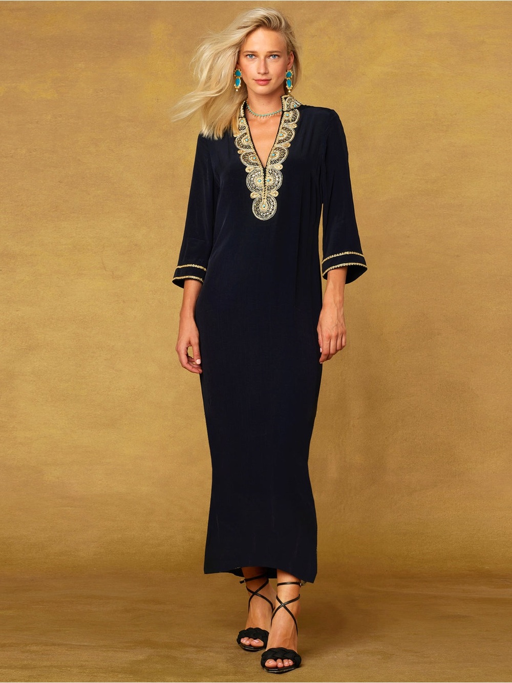 NicoBlu Beaded Caftan Tunic Maxi Dress Navy Blue 10 Luxury Resort